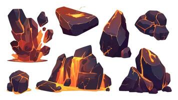 Volcanic rocks with lava set in flat cartoon design. Collection isolated elements of black mountain stones and rough cracked slabs with red hot magma with glowing light and heat. illustration. vector