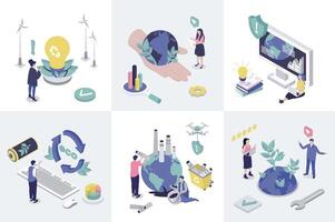 Ecology 3d isometry concept for web design. Collection set with isometric people using waste management and recycling technology, alternative energy for save planet and climate. illustration. vector