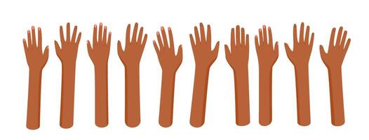 Set of open hands in flat style. Raised human gestures represent unity and solidarity. Diverse bare arms express community and volunteer work. Abstract colorful illustration for charity, equality vector