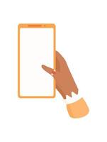 A hand holds a smartphone featuring a blank screen. The image illustrates user interacting with mobile device. This digital phone showcases an empty template ideal for application design, vector