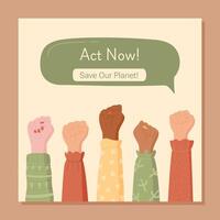 Flat banner with raised hands symbolizing social volunteer community and multicultural solidarity. Diverse hands represent aid and unify efforts to protect the planet. Optimistic concept, colorful vector