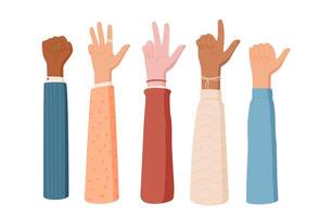 Cartoon hands count gesture with sleeves show numbers set. Fingers in different poses count numbers. Isolated flat style, educational and playful use. vector