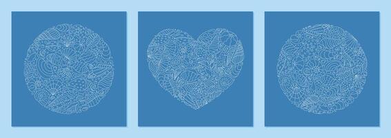Abstract underwater concept with outline seashell patterns and coral details. Round and heart shapes highlight marine aquatic themes. Ocean doodle design, featuring scallop shell motifs for use in vector