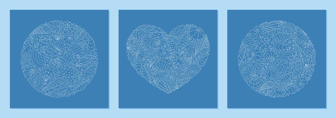 Abstract underwater concept with outline seashell patterns and coral details. Round and heart shapes highlight marine aquatic themes. Ocean doodle design, featuring scallop shell motifs for use in
