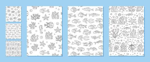 Seamless underwater marine pattern set in outline style. Includes fish, coral, and sea elements, arranged in a cartoon background. This aquatic texture highlights marine life and is perfect for vector