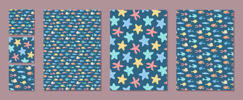Underwater seamless pattern set with marine life. Vibrant background featuring cartoon fish and starfish. Flat aquatic design, colorful ocean theme, versatile for summer projects and creative graphic vector
