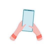 Sticker of hand holding phone. Graphic depicting a user gesture holding a smartphone. Digital application concept, simple style, suitable for online communication and media use. vector
