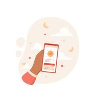 A hand holds a mobile phone displaying a weather app. The smartphone screen presents weather information. The user interacts with the digital application, using technology for daily updates. vector