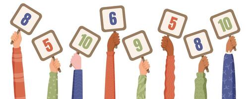 Cartoon hands hold rating signs with various scores. Hands lift boards displaying grades and ranking. Feedback, review, and satisfaction concept, modern style, ideal for banners, customer surveys, vector
