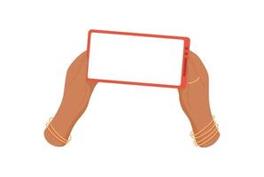 Hand holds a smartphone with a blank screen. A user grips phone displaying template for an app. Gesture presents digital device in flat style, perfect for online media, communication, and digital vector