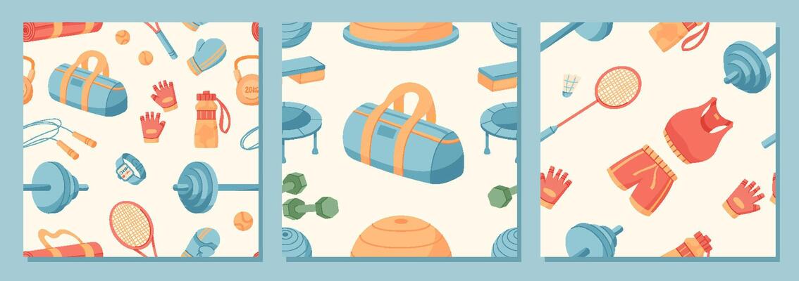 Colorful seamless pattern of sport equipment in flat style set. Training set with gym accessories, workout tools, and fitness gear. Dynamic background for healthy lifestyle decoration and textile.
