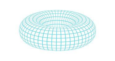 Geometric 3d mesh donut, 90s retro trendy grid pattern structure illustration, cyber tech geometry 3d wireframe figure graphic, vaporwave abstract mesh shape object. vector