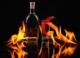 A bottle of vodka and a glass with a red pepper on fire photo
