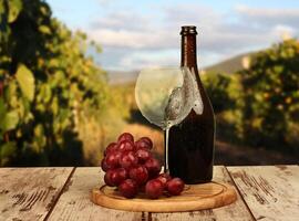 A bottle and glass of wine on a wooden table in front of a vineyard photo