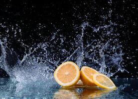 A lemon slice is being splashed with water photo