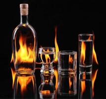 A glass and a bottle of vodka are set on fire photo