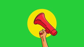 Animated hand holding a red megaphone rising from the bottom with sound effects, set against a green background with a yellow circle. Perfect for protest, announcement, or promotion themes. video