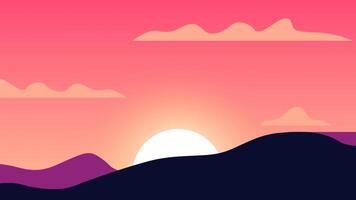 Animated of Minimalist sunset scene with a sun setting behind hills, soft clouds above, and a warm pink-to-orange gradient sky, captured from a rightward-moving animation. video