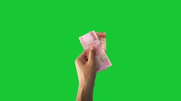 Animated of hand holding Indonesian rupiah banknotes against a bright green background, symbolizing payment, savings, or financial transactions. video