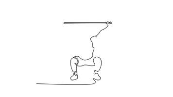 Animated self drawing of continuous line draw front view attractive sportsman with barbell and weight plates overhead. Fit muscular male athlete lifting heavy weights. Full length one line animation video