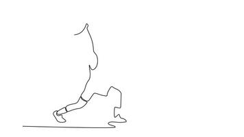 Animated self drawing of continuous line draw side view of fit muscular man training lunges with barbells over head. Bodybuilding, healthy lifestyle, movement, activity. Full length one line animation video