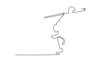 Self drawing animation of single line draw muscular female athlete doing snatch exercise with heavy barbells during intense weightlifting workout at the gym. Continuous line draw. Full length animated video