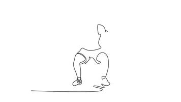 Animated self drawing of continuous line draw front view strong bodybuilder doing squats and lifting barbell. Fit muscular athlete practice weightlifting, heavy weights. Full length one line animation video