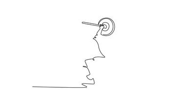 Animated self drawing continuous line draw attractive male athlete in overhead squat position after snatching up barbell. Training for workout, endurance and challenge. Full length one line animation video