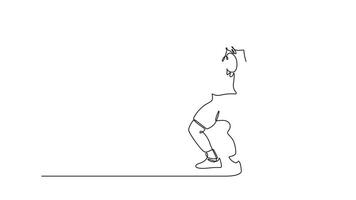 Animated self drawing of continuous line draw active sportsman practicing in weightlifting in gym. Sportive male training with barbells, looks confident and strong. Full length single line animation video