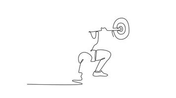 Self drawing animation of single line draw woman athlete doing front squat with a barbell in the gym. Body building, healthy lifestyle, movement, action concept. Continuous line. Full length animated video