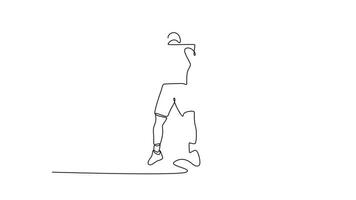 Animated self drawing of continuous line draw front view fit man lifting barbell working out at gym. Sport, fitness, weightlifting, bodybuilding, training, exercises. Full length single line animation video