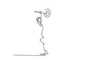 Self drawing animation of single line draw attractive female athlete in sportswear doing clean and jerk exercise with barbell during cross training in gym. Continuous line draw. Full length animated video