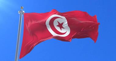 Flag of Tunisia waving at wind in slow in blue sky, loop video