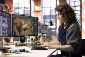 Architectural designer works on digital home design project, using a 3D modeling program to arrange furniture. The software with advanced user interface for professional rendering. photo