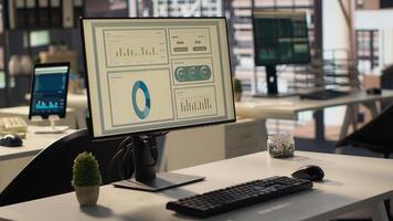 Empty workspace with advanced tech tools enhancing productivity, helping business professionals focus on financial strategies. Global enterprise ensuring firm objectives. photo