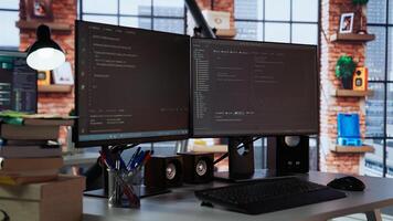 AI tech agency office providing custom software development services. Technology venture workspace using machine learning to streamline coding process in startup office, handheld camera shot photo