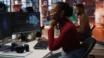 Programmer working on artificial intelligence algorithm, refining machine learning models to enhance automation and data driven decision making. Woman using coding platform in office, camera A photo