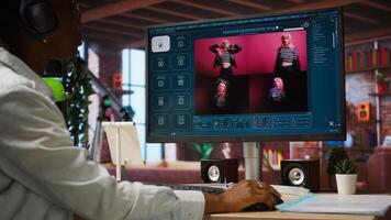 Woman in home office using software turning text prompt into photos. Person in apartment using text to image artificial intelligence generator transforming words into pictures, camera A photo