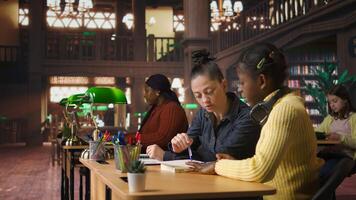 Caucasian tutor guiding elementary school girl at library desk, providing private lessons to aid in academic development with work books and notes. Teacher discussing with scholar. Camera A. photo