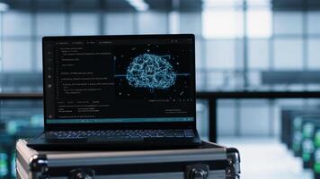 Laptop in front of data center engineers, deploying artificial intelligence driven management tools. AI driven notebook used for overseeing server clusters, camera A close up photo