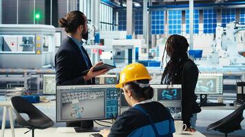 Team of solar panels plant managers and engineer discussing how to harness sun power. Photovoltaics factory colleagues chatting about improving development efficiency, camera A photo