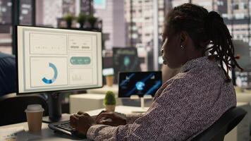 Executive assistant in high end office working on infographics data analysis for problem solving tasks. Woman planning resource allocation to support business growth and accomplish goals. Camera B. photo