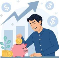 man sitting at a table and putting a dollar coin in a piggy bank, focusing on savings and financial planning vector