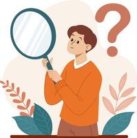 Illustration of a young man holds a large magnifying glass. He looks thoughtful and has a question mark, evoking curiosity and an inquisitive spirit. vector