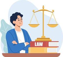 Illustration of a young man sits at a table with a confident expression. In front of him is a scale, a symbol of justice, along with a book on the law. vector