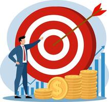 Illustration of a businessman standing with a dart in the middle of a large target vector