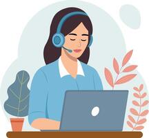 Illustration of a female customer service representative working at a desk. She is typing on a laptop vector