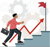 Illustration of working people walking up the stairs to the red flag, symbolizing success and achieving goals vector
