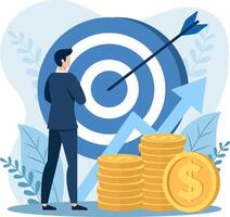 businessman standing with a dart in the middle of a large target, representing financial success, symbolizing growth and success. vector