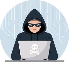 Illustration of a hacker in a black hoodie sitting in front of a laptop vector
